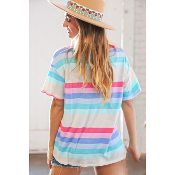 Fuchsia Blue Multi Color Stripe Key Hole Top - Picture 7 of 7
